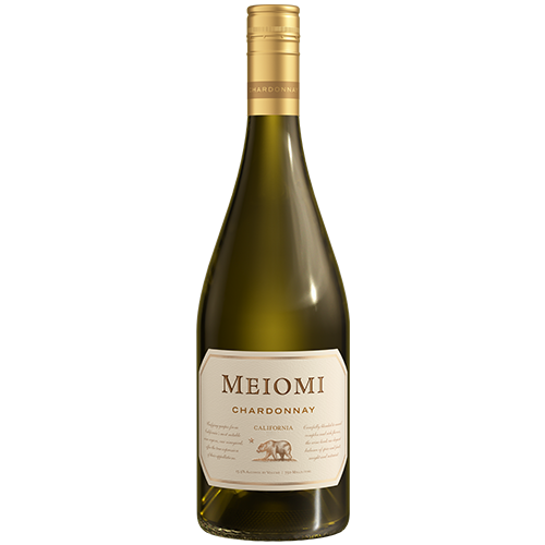 A bottle of 2022 Meiomi Chardonnay on a white background