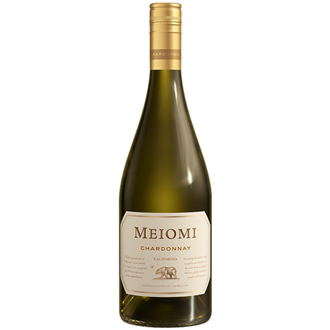 A bottle of 2022 Meiomi Chardonnay on a white background