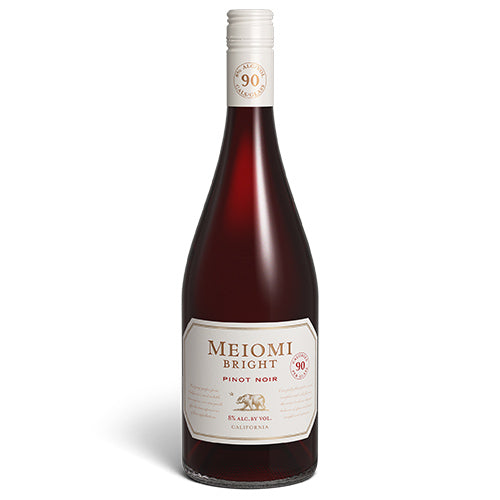 A bottle of 2021 Meiomi Bright Pinot Noir California on a white background