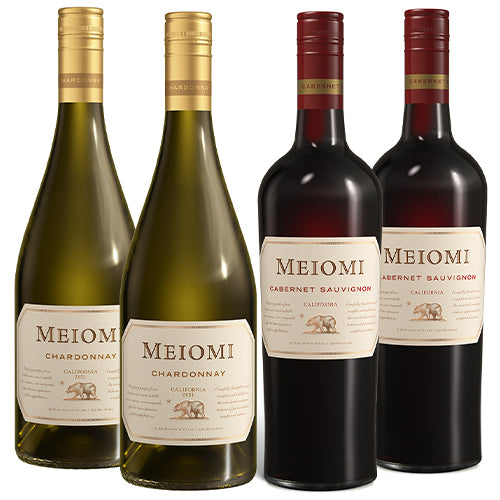 Two bottles each of Meiomi Chardonnay and Meiomi Cabernet Sauvignon on a white background.