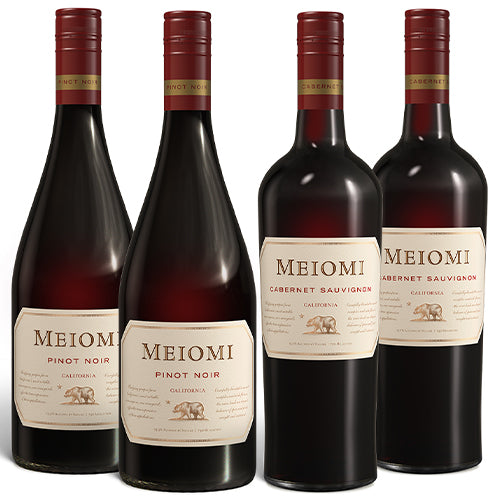 Two bottles each of Meiomi Pinot Noir and Meiomi Cabernet Sauvignon on a white background.