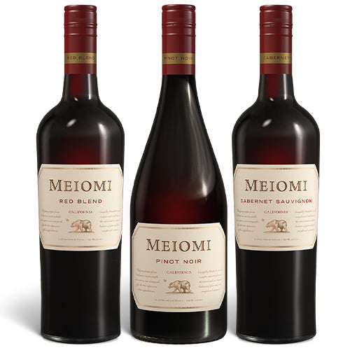 A bottle of Meiomi Pinot Noir, Meiomi Red Blend, and Meiomi Cabernet Sauvignon on a white background.