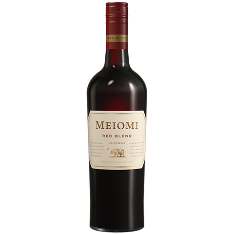 A bottle of 2021 Meiomi Red Blend on a white background