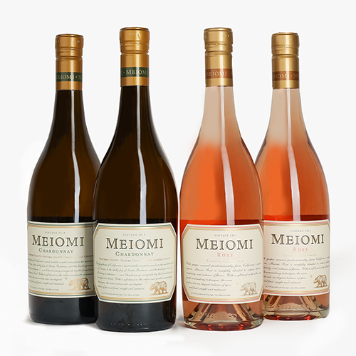 Two bottles each of Meiomi Chardonnay, Meiomi Rosé