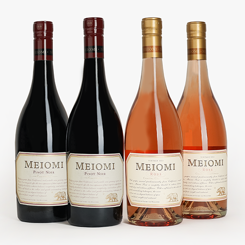 Six bottles each of Meiomi Pinot Noir and Rose on a light gray background.